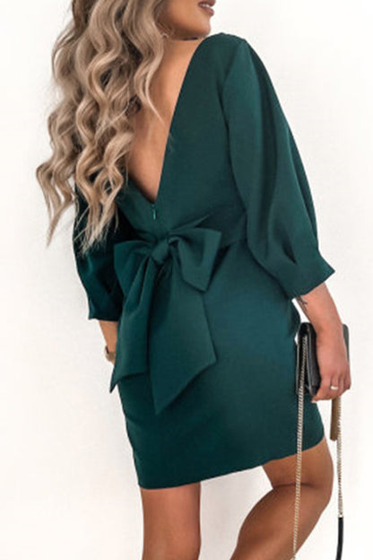 Elegant Solid With Bow Zipper O Neck Pencil Skirt Dresses