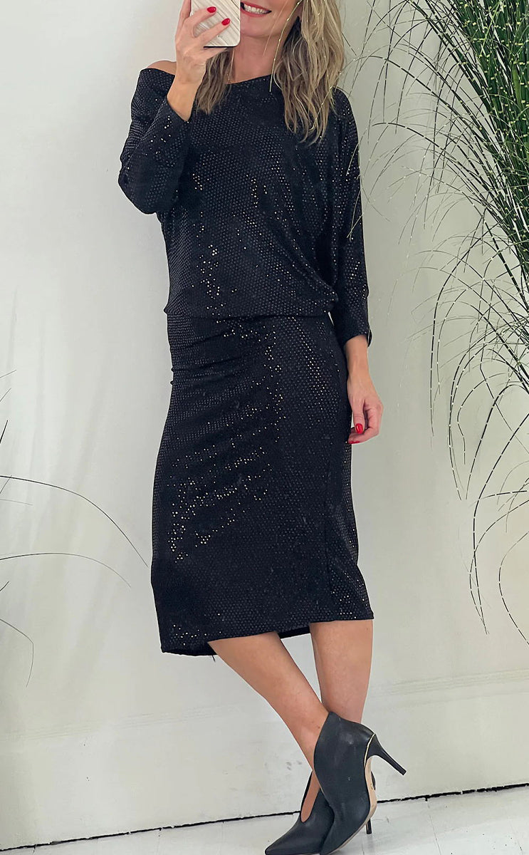 Party Solid Sequins Oblique Collar Long Sleeve Dresses