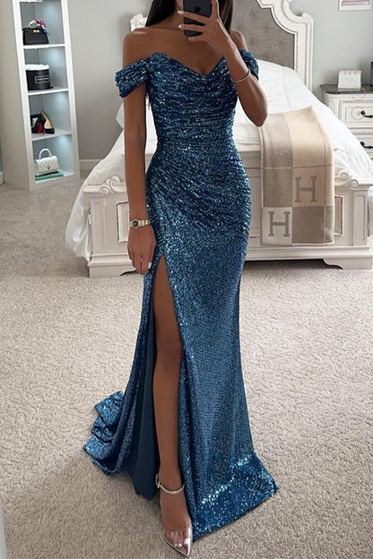 Elegant Solid Sequins High Opening Off the Shoulder Evening Dress Dresses