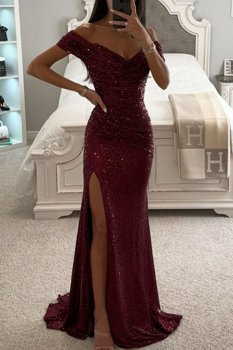 Elegant Solid Sequins High Opening Off the Shoulder Evening Dress Dresses