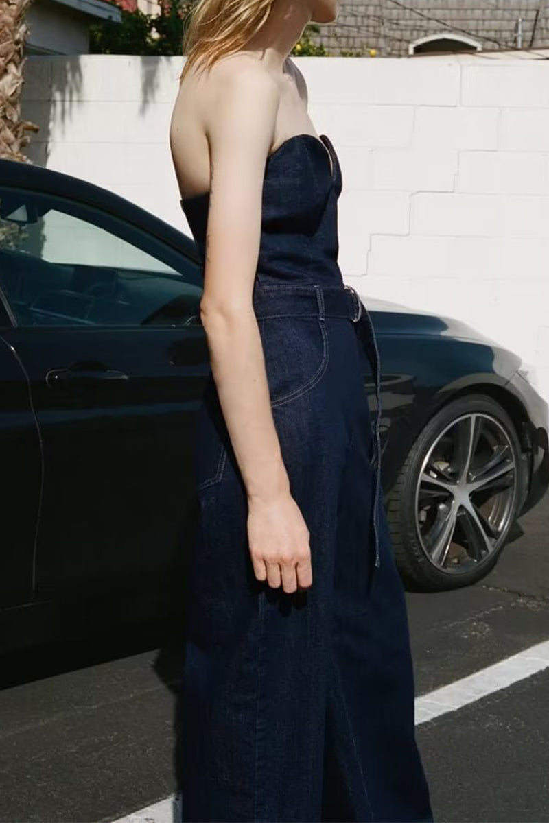 Casual Solid Pocket With Belt Strapless Sleeveless Denim Jumpsuits