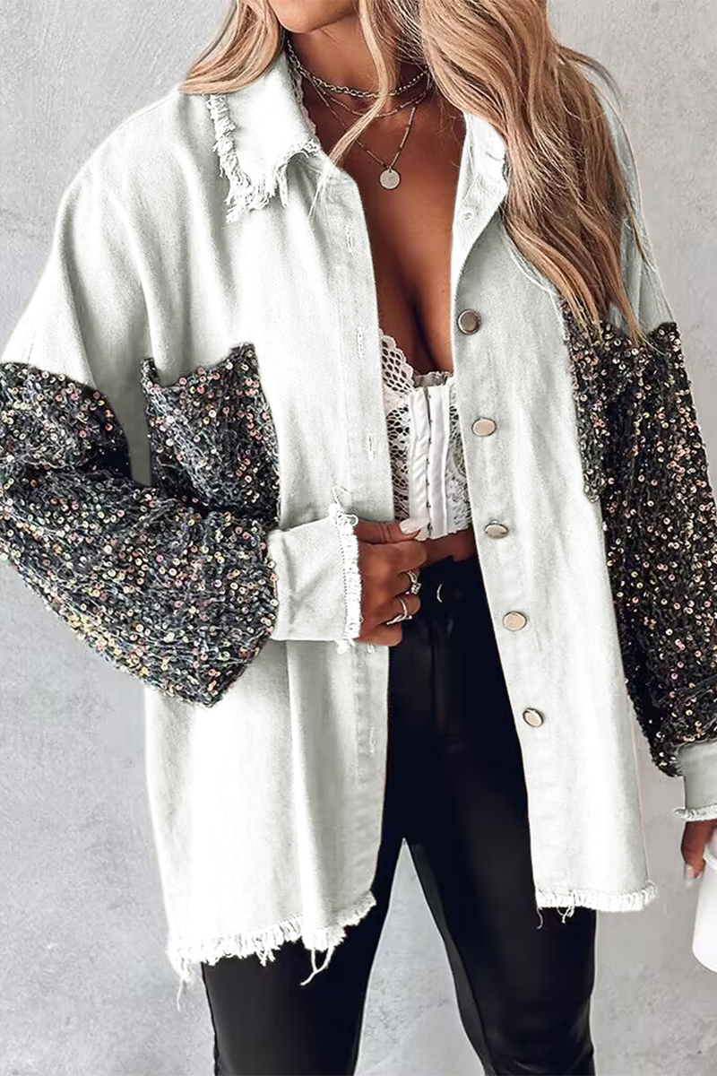 Casual Solid Sequins Pocket Turndown Collar Tops