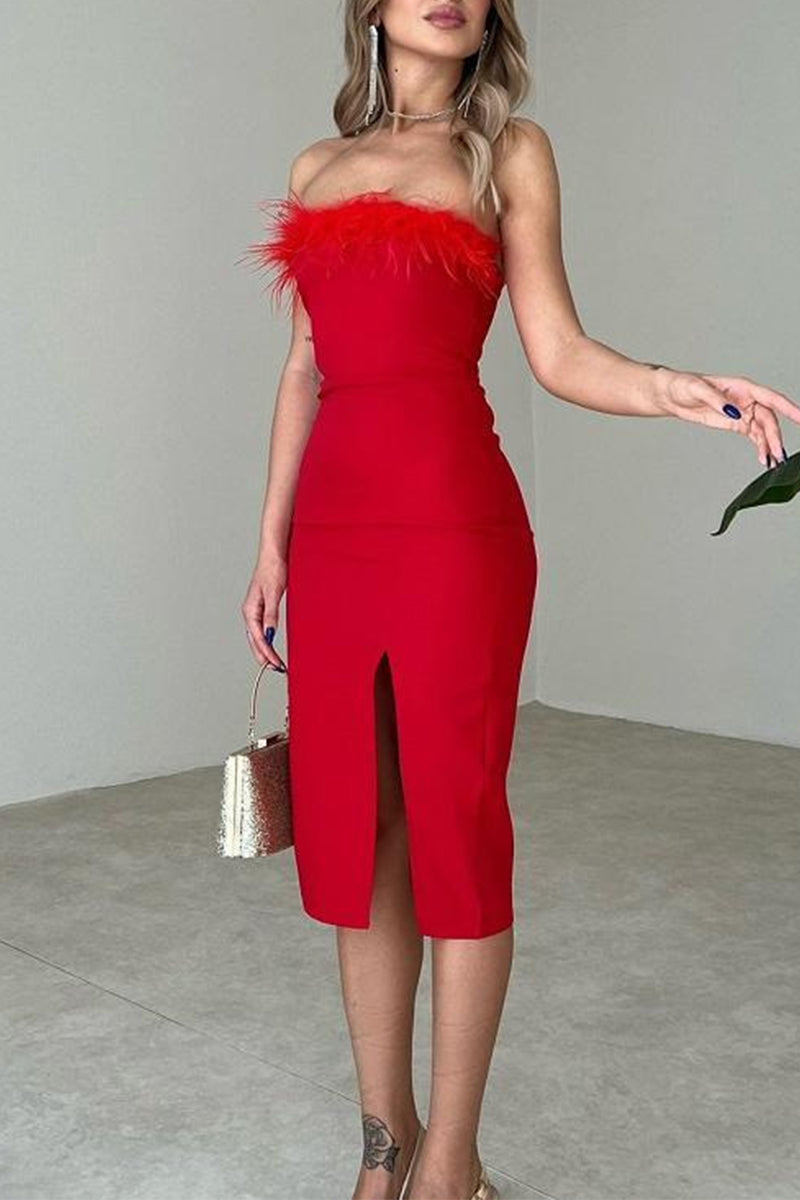 Solid Feathers Slit Strapless Wrapped Skirt Dresses