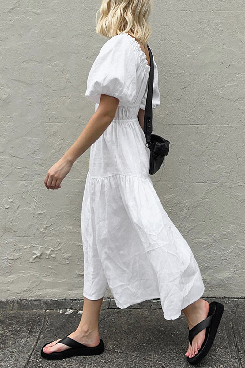 Casual Simplicity Solid Fold Off the Shoulder A Line Short Sleeve Dress