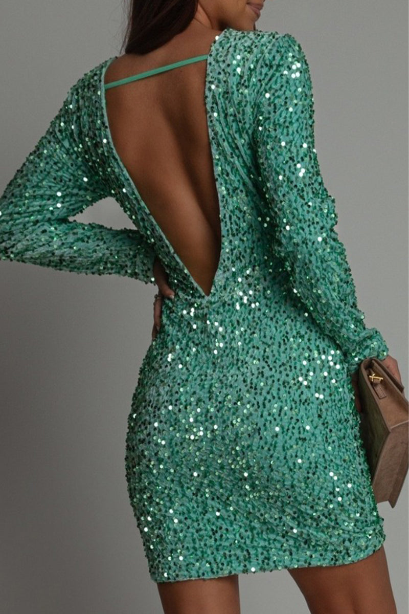 Sexy Solid Backless Sequined O Neck Wrapped Skirt Dresses