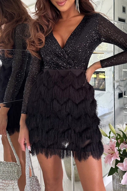 Sexy Solid Tassel Sequins V Neck Wrapped Skirt Dresses(4 Colors)