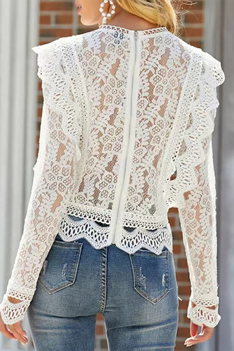 Sexy Solid Lace Zipper O Neck Tops