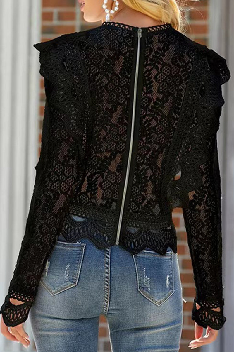 Sexy Solid Lace Zipper O Neck Tops
