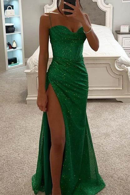 Sexy Solid High Opening Sequined Square Collar Evening Dress Dresses