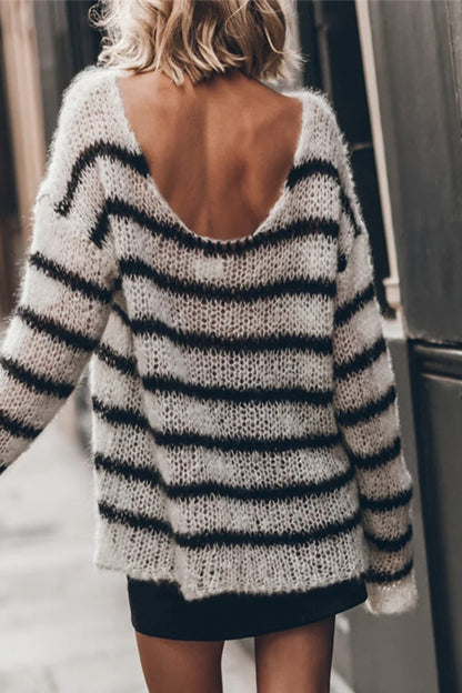 Street Striped Contrast O Neck Sweaters