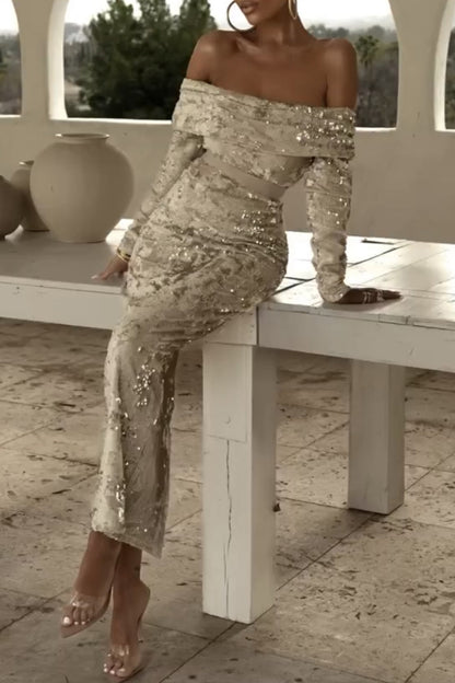 Sexy Formal Solid Sequins Off the Shoulder Evening Dress Dresses