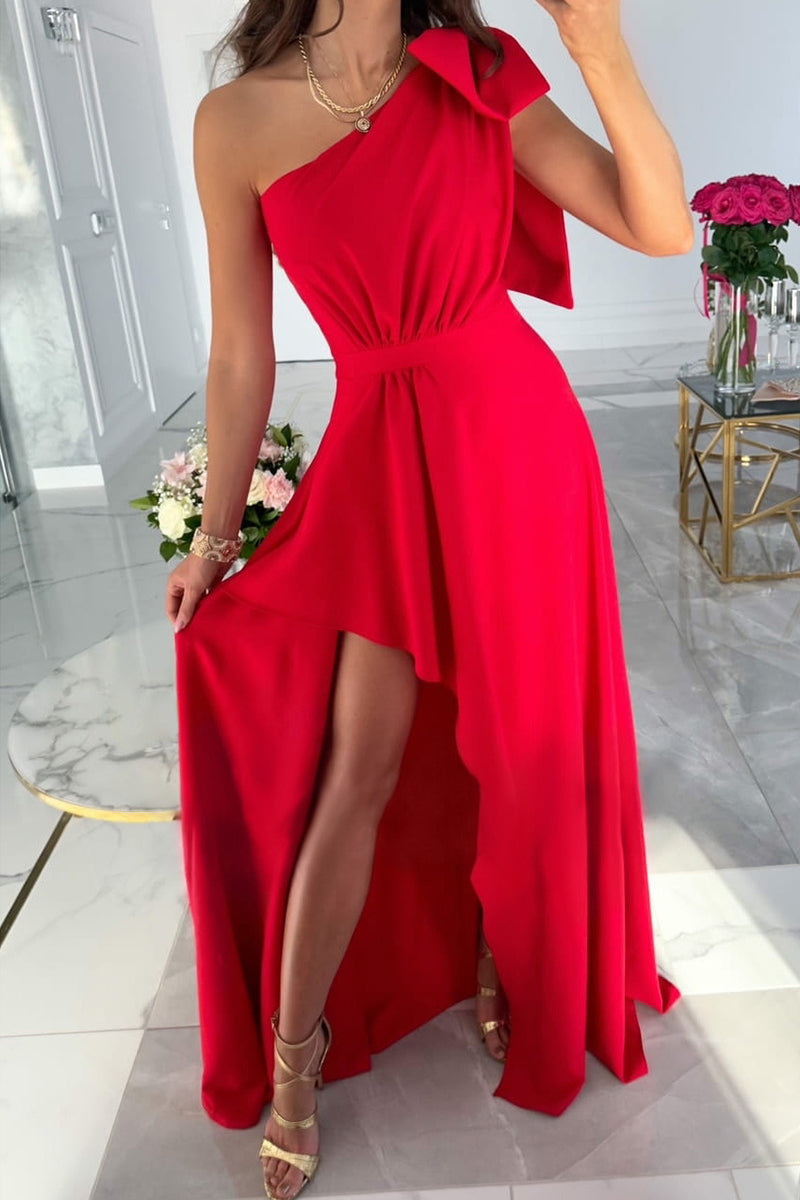 Casual Simplicity Solid Asymmetrical With Bow Oblique Collar Irregular Dress Dresses