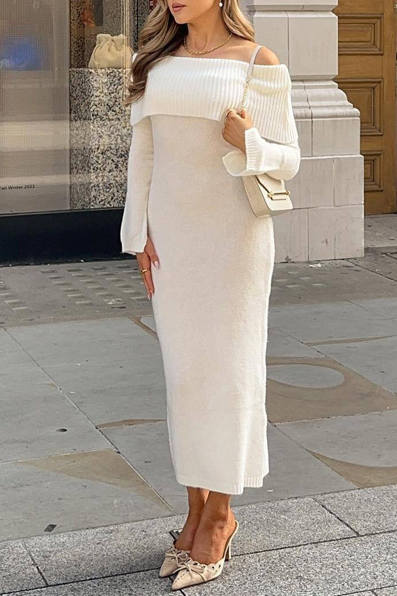 Sexy Solid Hollowed Out Slit Off the Shoulder Long Sleeve Dresses