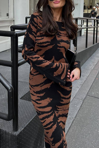 Street Vintage Leopard Jacquard Ripped Weave O Neck Pencil Skirt Dresses