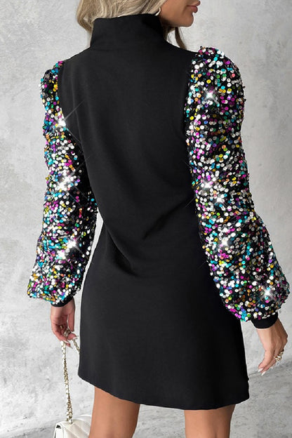 Casual Patchwork Hollowed Out Sequins Half A Turtleneck Long Sleeve Dresses
