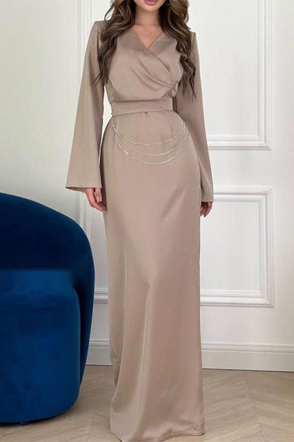 Celebrities Elegant Solid Metal Accessories Decoration V Neck One Step Skirt Dresses