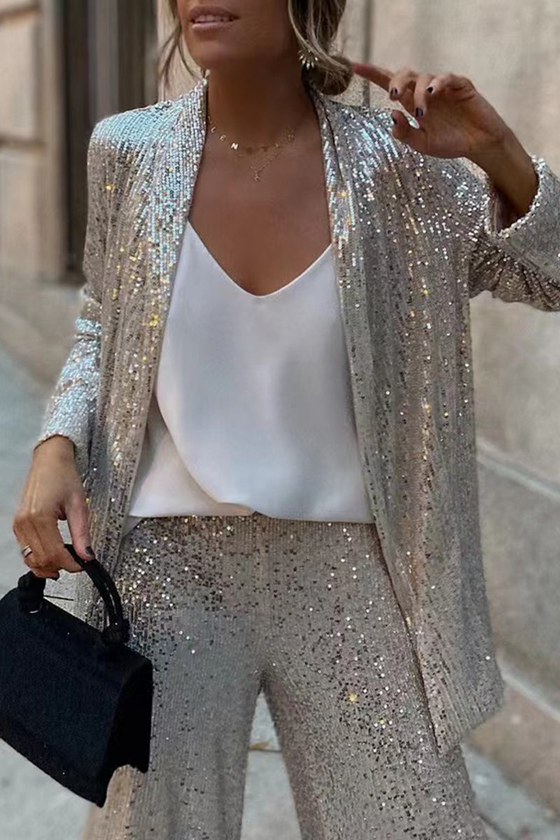 Casual Street Solid Sequins Cardigan Collar Long Sleeve Two Pieces