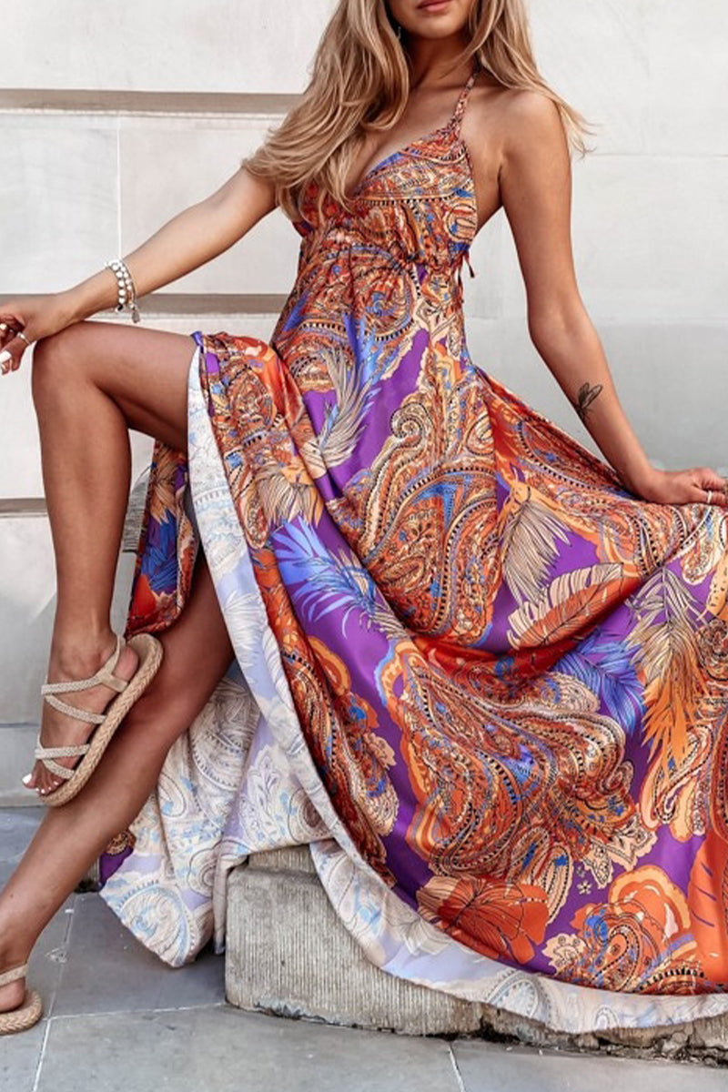 Sexy Bohemian Geometric Print Backless V Neck Sling Dress Dresses