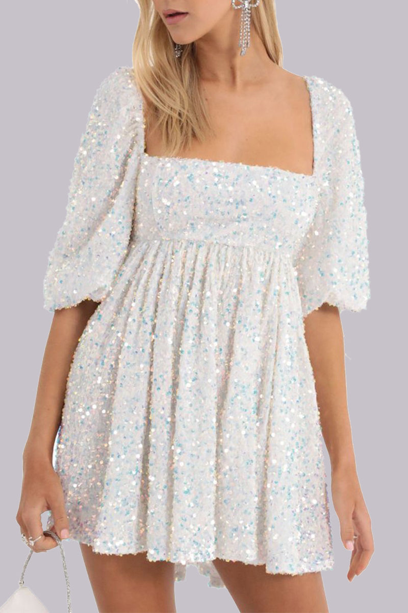 Sexy Solid Sequins Sequined Square Collar Princess Dresses