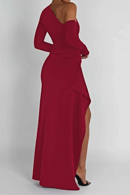 Sexy Simplicity Solid Asymmetrical Oblique Collar Wrapped Skirt Dresses