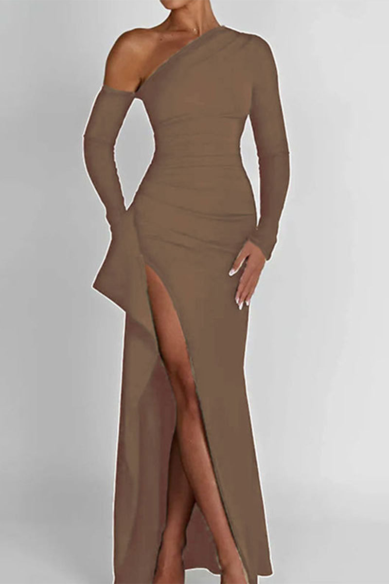 Sexy Simplicity Solid Asymmetrical Oblique Collar Wrapped Skirt Dresses
