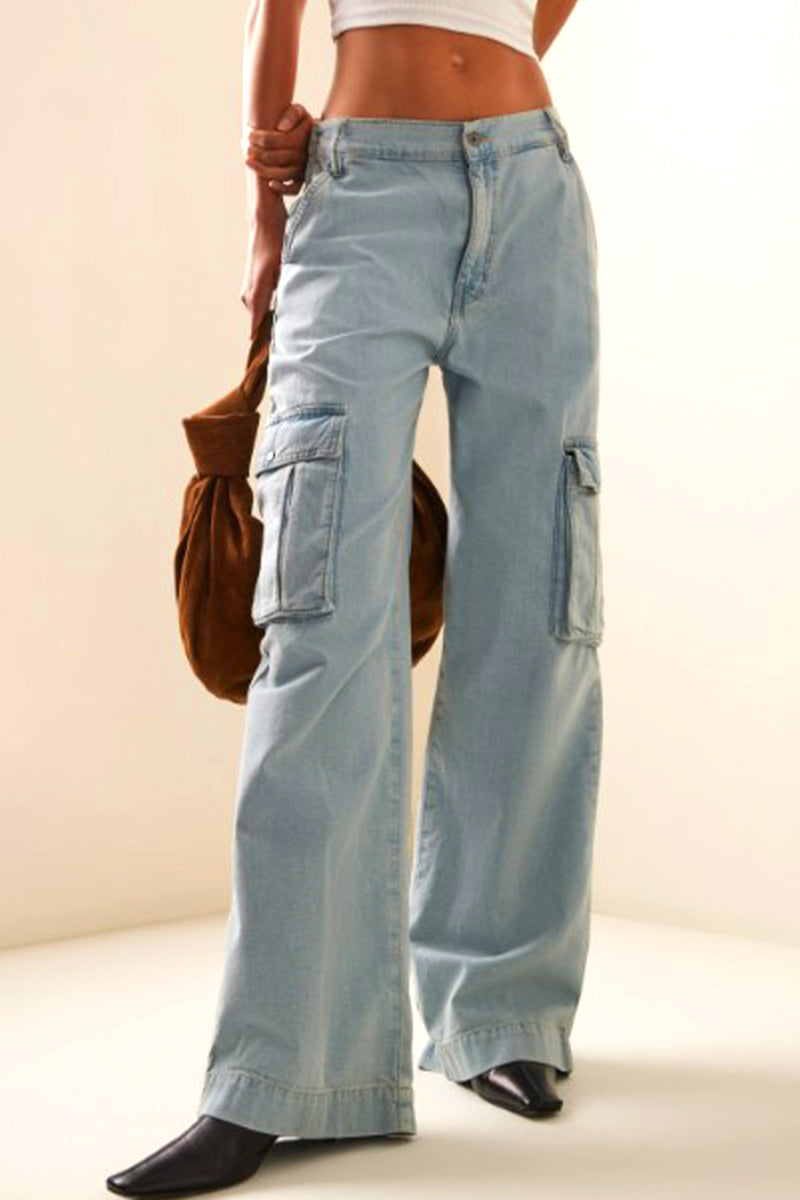 Casual Solid Pocket Loose Denim Jeans