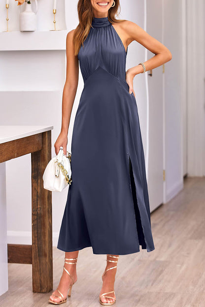 Elegant Simplicity Solid Slit Halter Sleeveless Dress Dresses