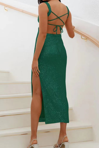 Sexy Solid Sequins Slit Square Collar One Step Skirt Dresses