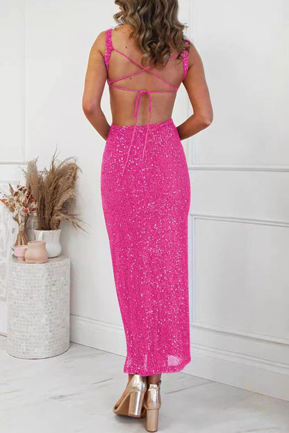 Sexy Solid Sequins Slit Square Collar One Step Skirt Dresses