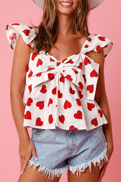 Sweet Cute Geometric Print With Bow V Neck Tops