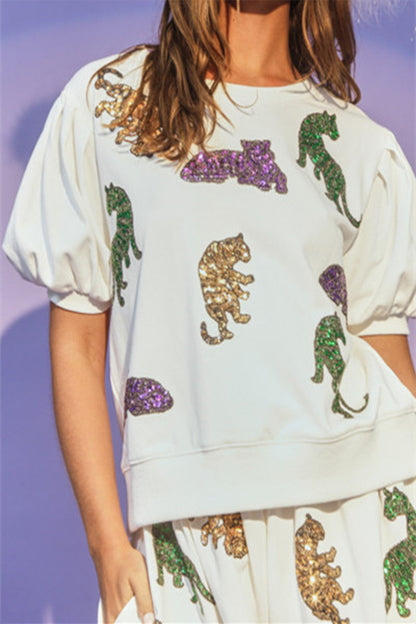 Casual Animal Embroidered Sequins O Neck Short Sleeve Two Pieces