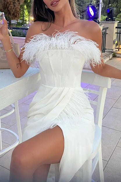 Sexy Formal Solid Feathers Slit Fold Strapless Sleeveless Dress Dresses