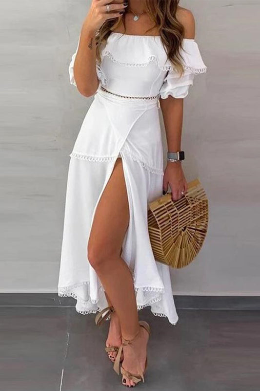 Sweet Elegant Solid Lace Asymmetrical Off the Shoulder Short Sleeve Two Pieces