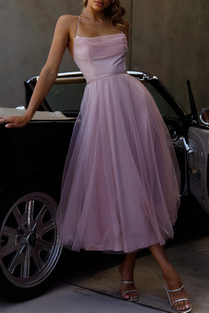 Sweet Elegant Solid Mesh Asymmetrical Collar Sleeveless Dress Dresses