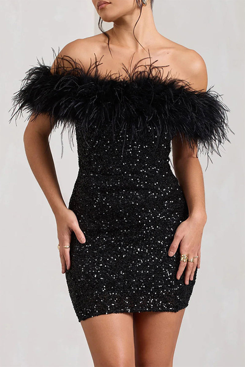 Sexy Solid Sequins Feathers Off the Shoulder Wrapped Skirt Dresses