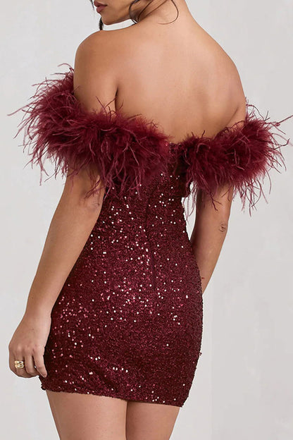 Sexy Solid Sequins Feathers Off the Shoulder Wrapped Skirt Dresses