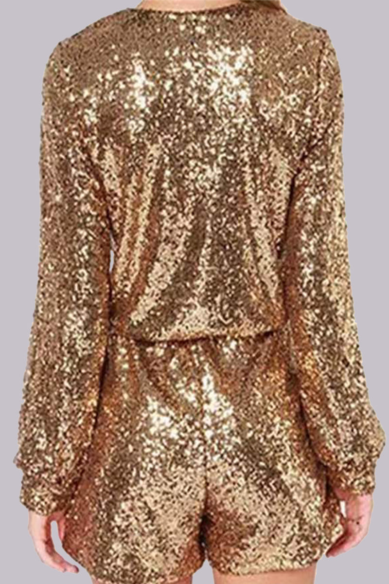 Sexy Solid Sequins Sequined V Neck Regular Rompers