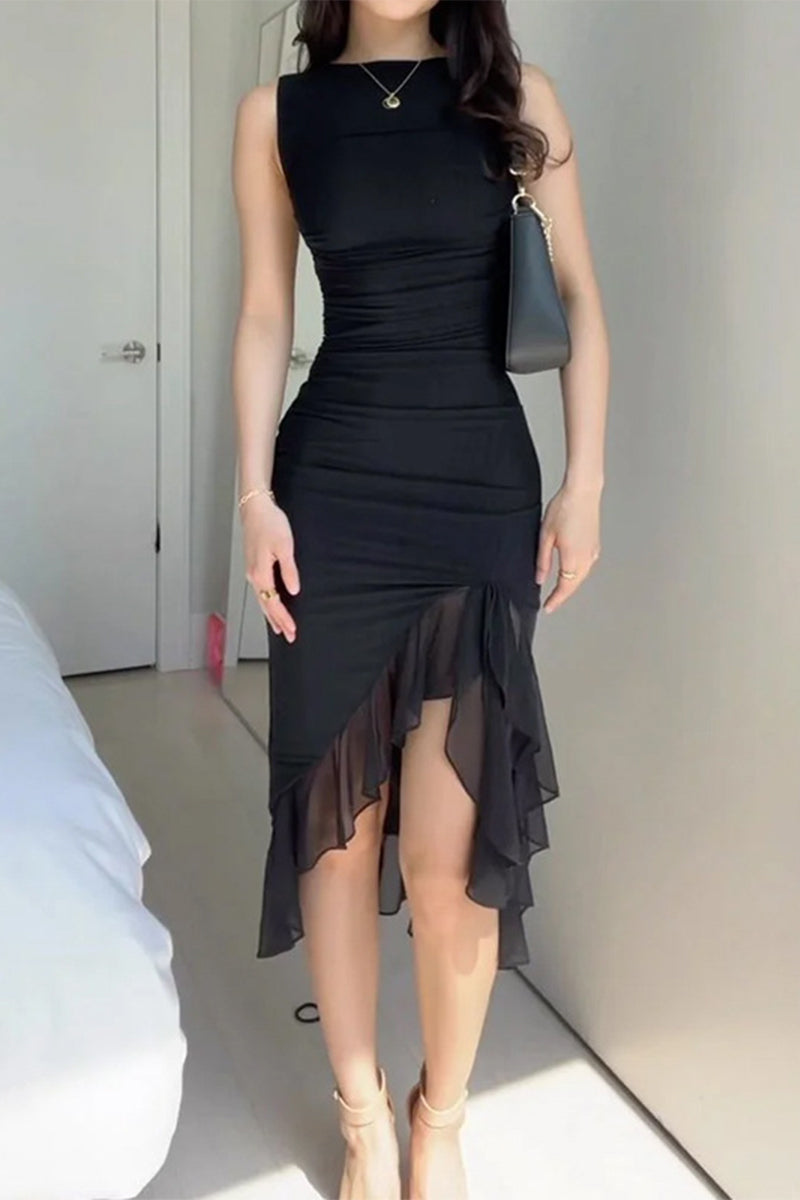 Sexy Celebrities Solid Fold Asymmetrical O Neck Irregular Dress Dresses