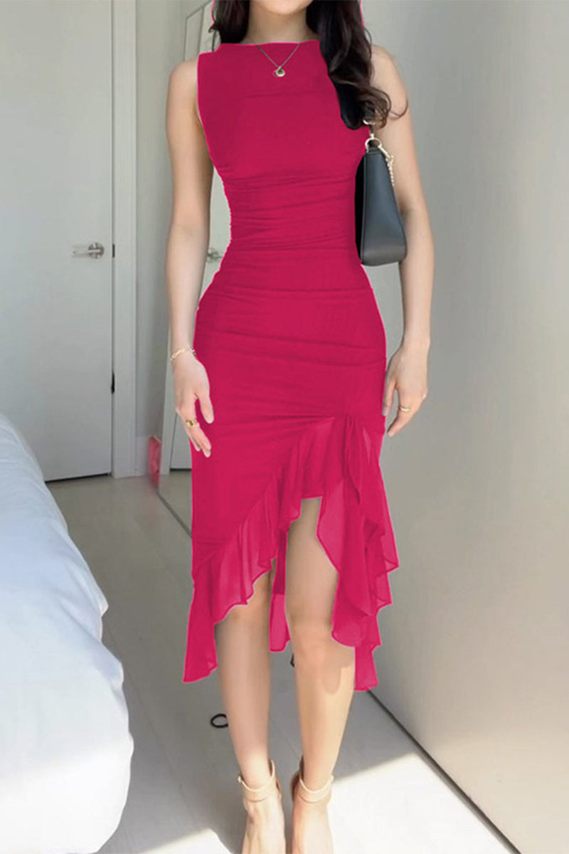 Sexy Celebrities Solid Fold Asymmetrical O Neck Irregular Dress Dresses