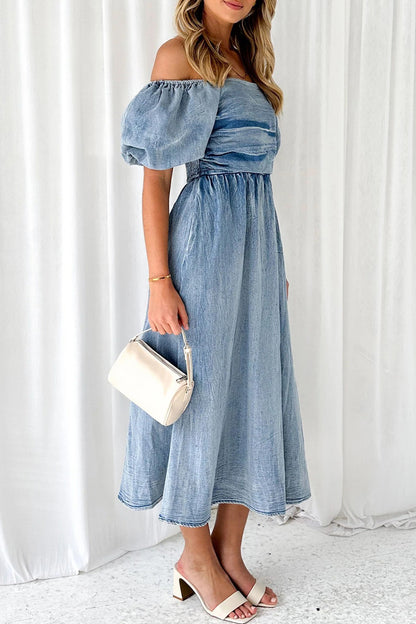Elegant Solid Fold Off the Shoulder Short Sleeve Denim Dresses