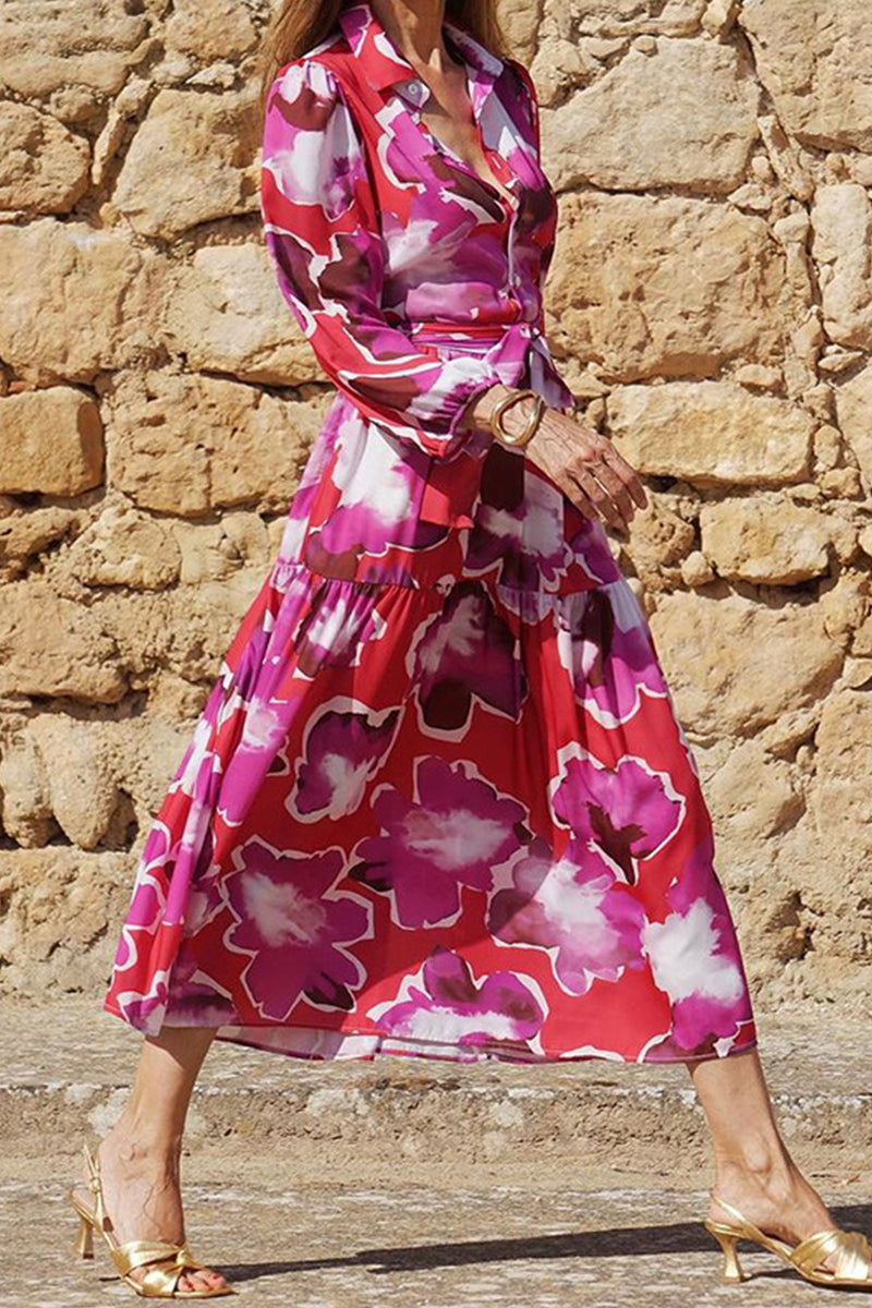 Sweet Elegant Floral Pocket Turndown Collar Printed Dress Dresses