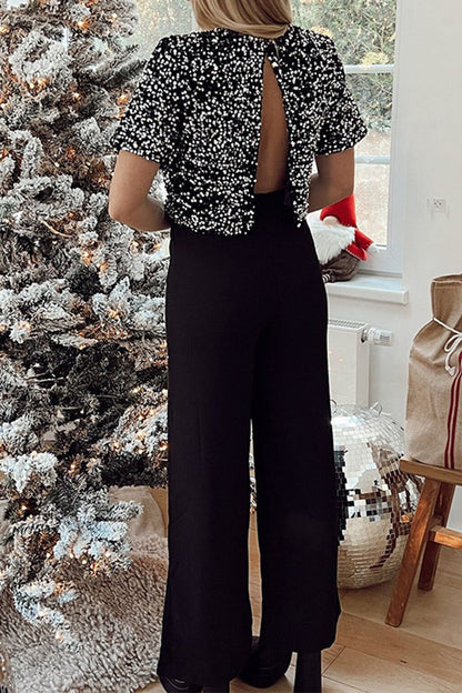 Casual Solid Sequins Sequined O Neck Loose Jumpsuits