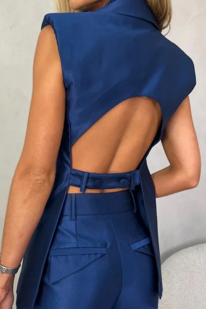 Casual Solid Backless Turn-back Collar Sleeveless Two Pieces