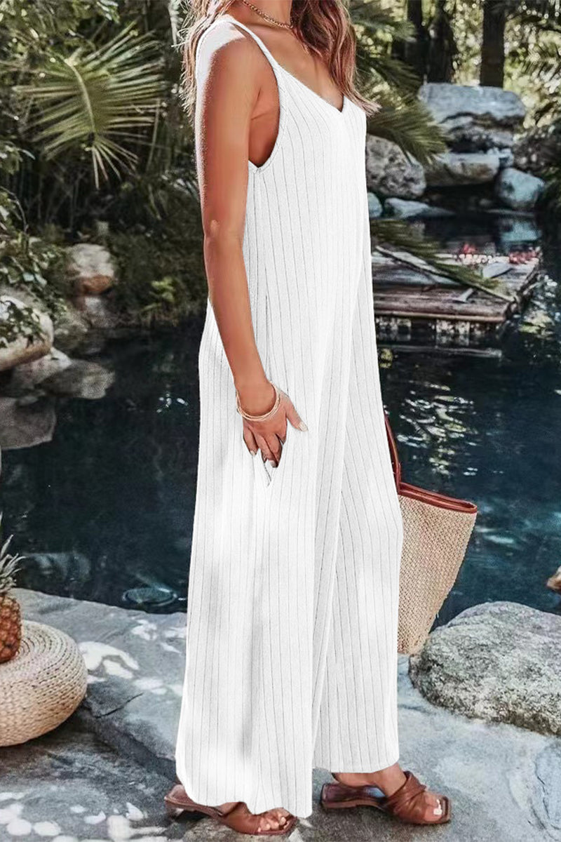 Casual Simplicity Solid Backless V Neck Loose Jumpsuits