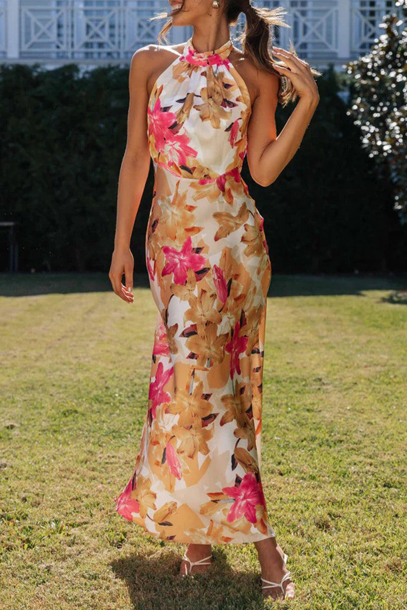 Cute Elegant Floral Backless Halter Printed Dress Dresses