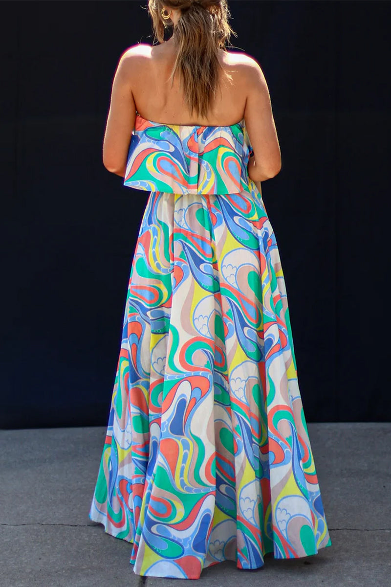 Sweet Elegant Geometric Print Backless Slit Strapless Dresses