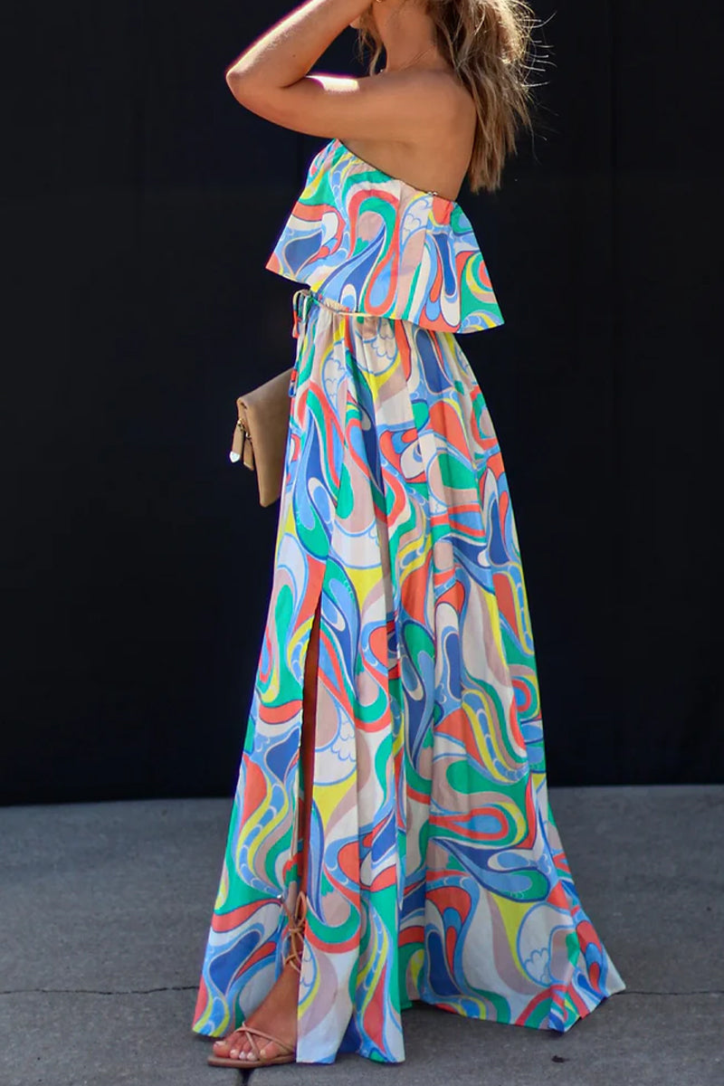 Sweet Elegant Geometric Print Backless Slit Strapless Dresses