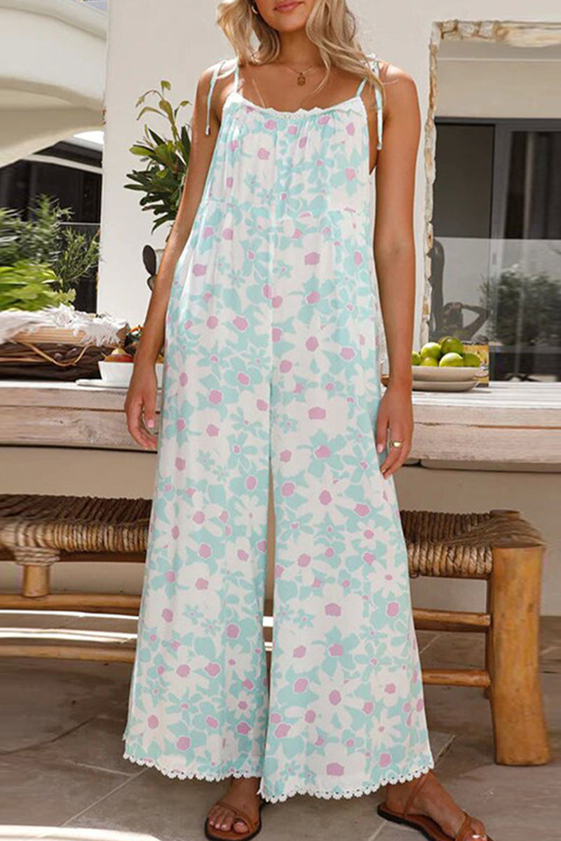 Casual Sweet Floral Backless U Neck Loose Jumpsuits