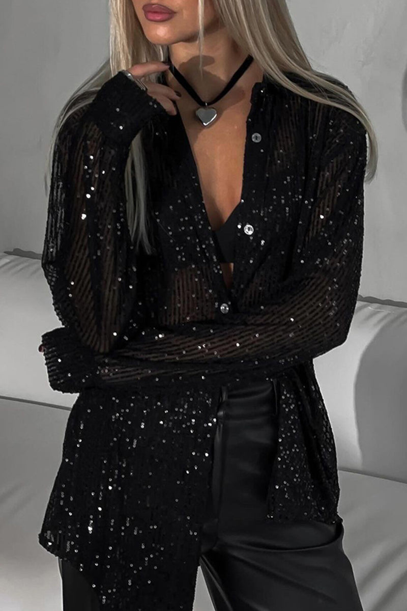 Sexy Solid See-through Sequined Turndown Collar Tops