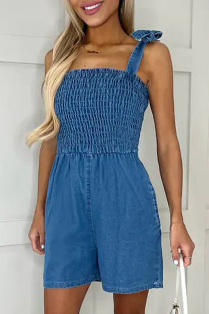 Casual Solid Pocket Square Collar Sleeveless Loose Denim Jumpsuits